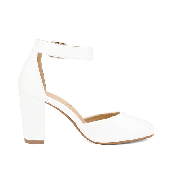 Round Toe Chunky Heel Pumps - WHITE PU - 1